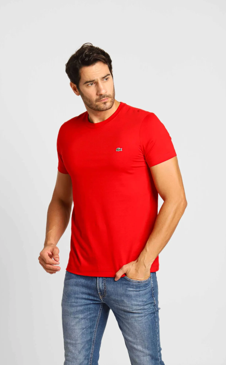 Kit 3 Camisetas Lacoste Básica Regular Fit Pima- Sale Azul Claro/Vermelho/Branco