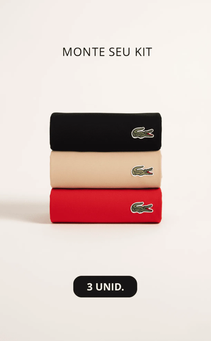 Kit 3 Camisetas Lacoste Básica Regular Fit Pima- Sale Preto/Bege/Vermelho
